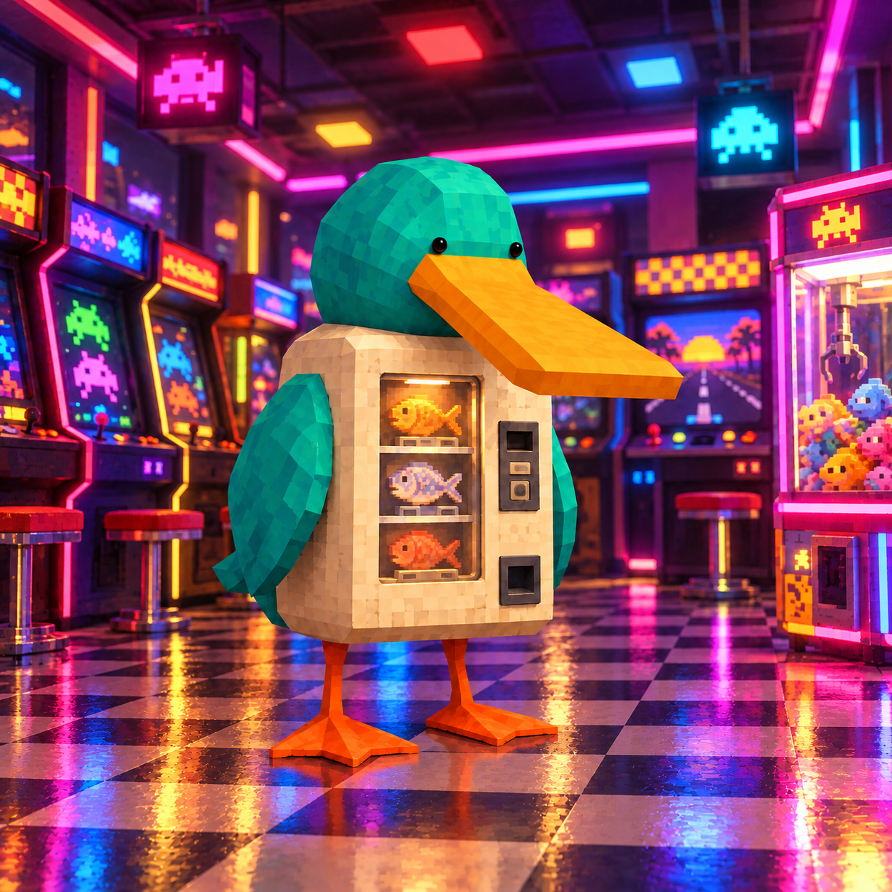 Vending Duck in a neon arcade