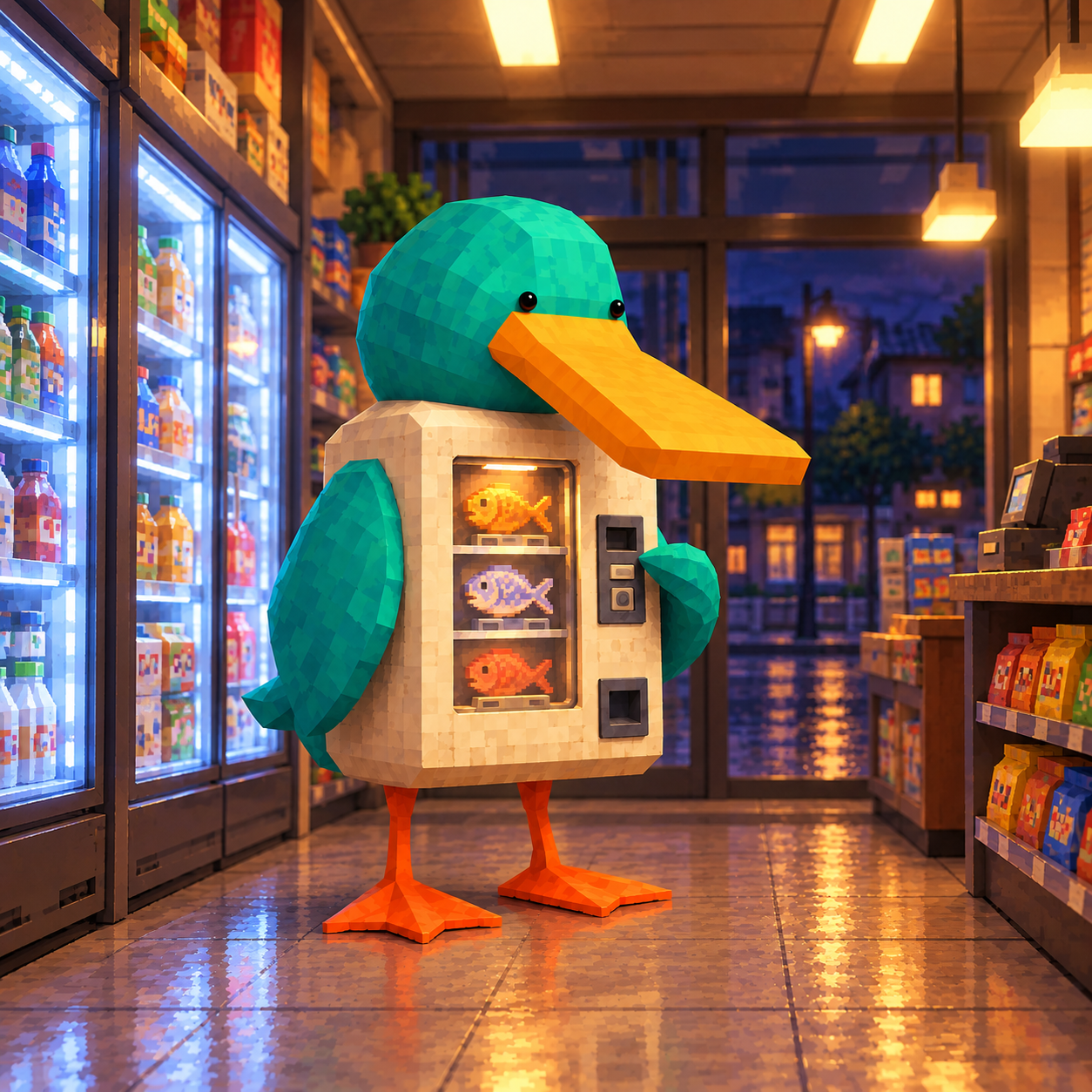 Vending Duck inside a glowing corner shop at night