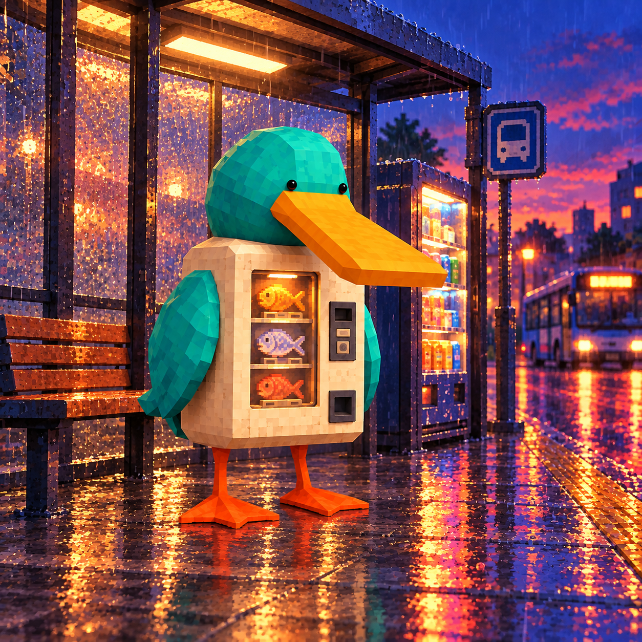 Vending Duck at a rainy night stop