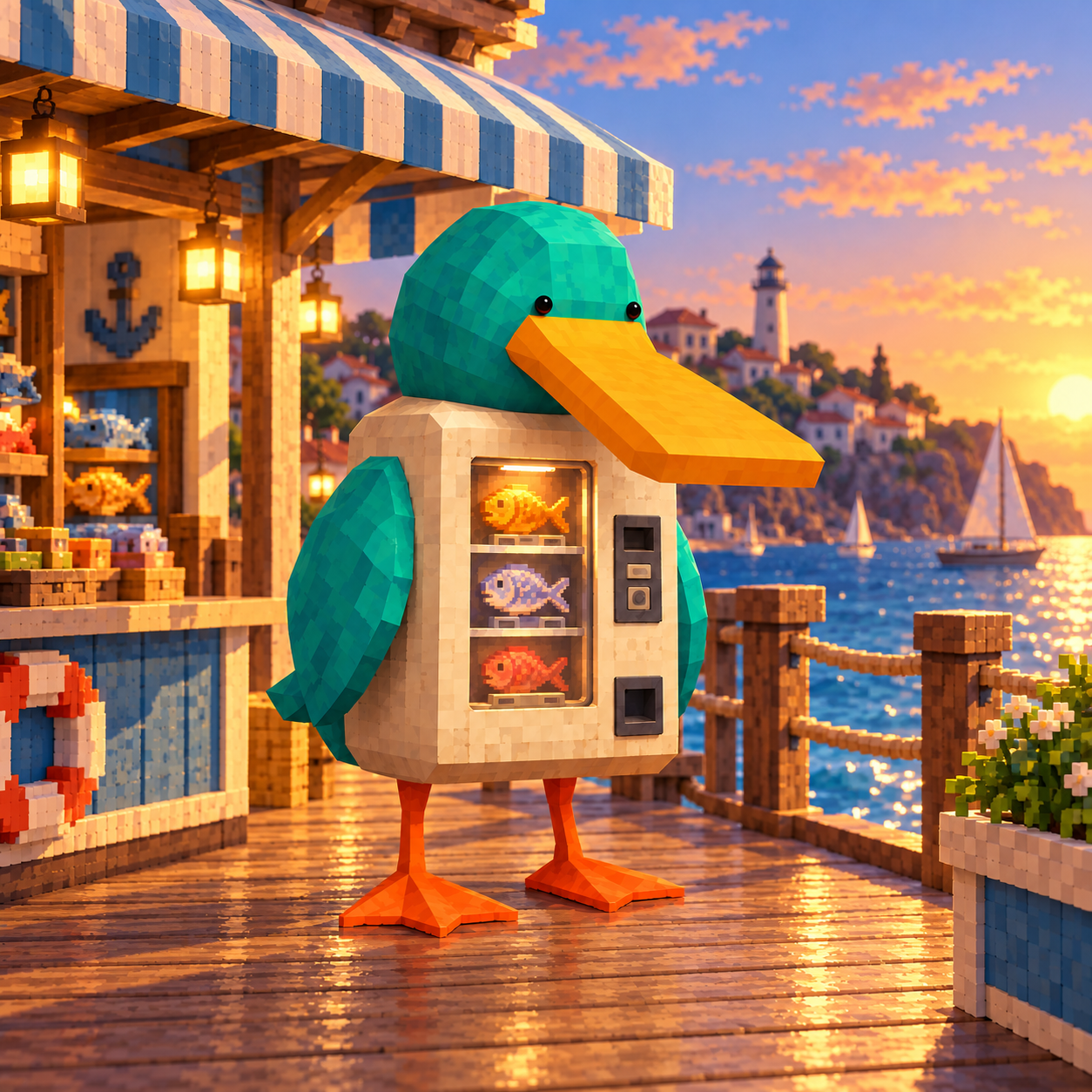 Vending Duck by a seaside kiosk