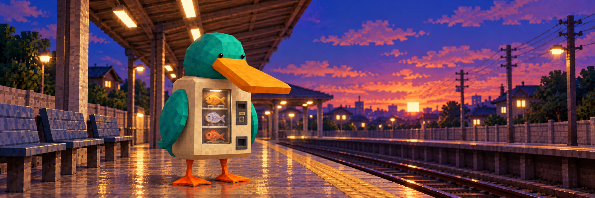Vending Duck waiting on a station platform at sunset