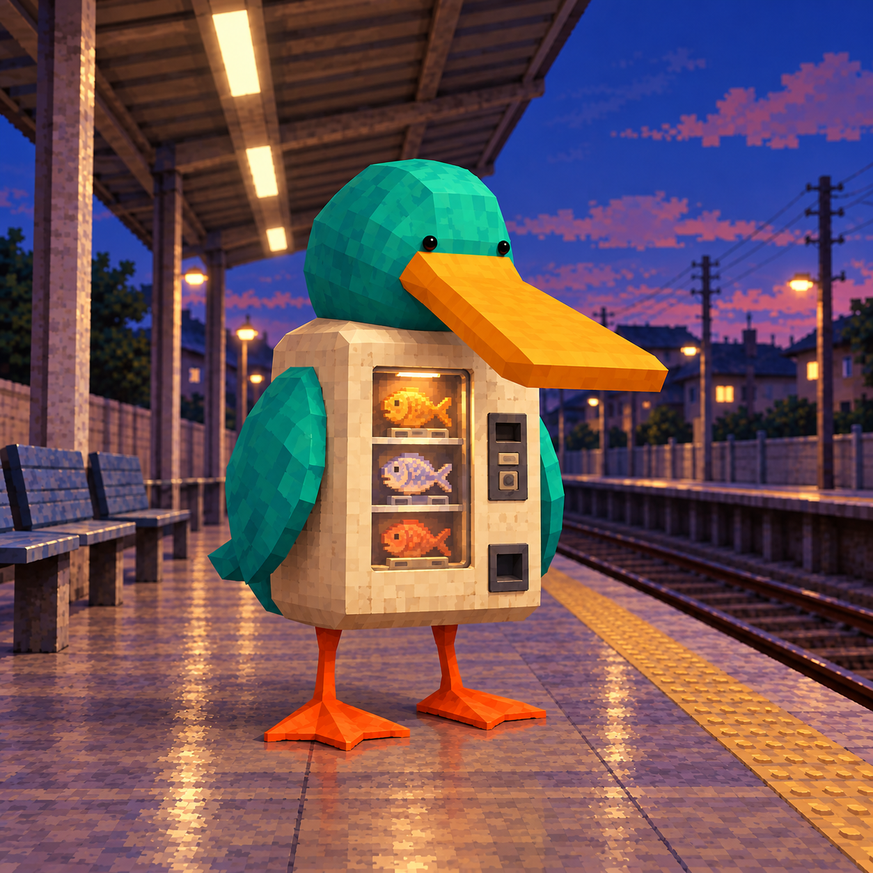 Vending Duck, a voxel teal duck with a fish vending machine body